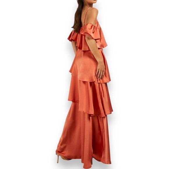 Boohoo Tall Satin Tiered Ruffle Maxi Dress - Picture 1 of 12